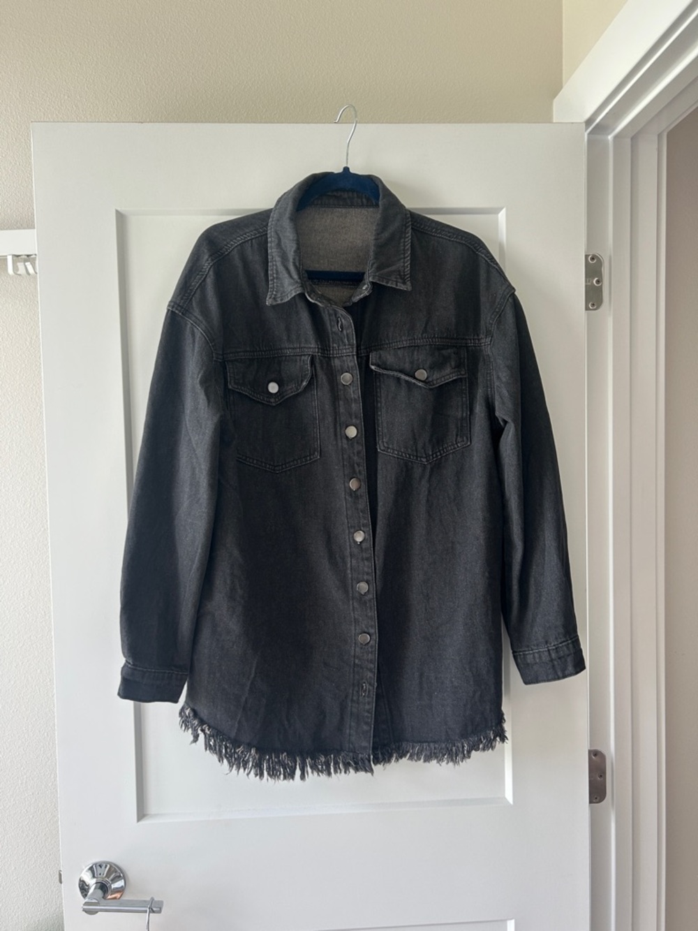 Washed Black Frayed-Hem Denim Jacket - Women's Jean Jacket